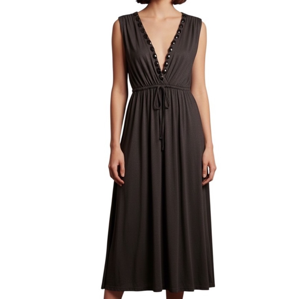 Vertigo Paris Black Beaded Surplice Midi Dress L Boho Glam Cocktail Quiet Luxury